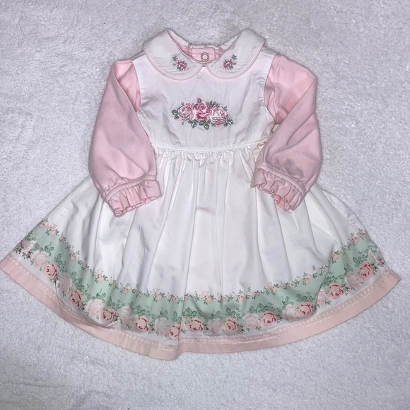 First impressions pinafore dress embroidered roses Peter Pan collar 0/3m - Picture 1 of 10